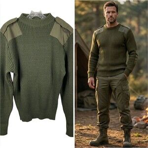 Military Wool Service Sweater DSCP Green Epaulettes Elbow Patches Men's Sz 44